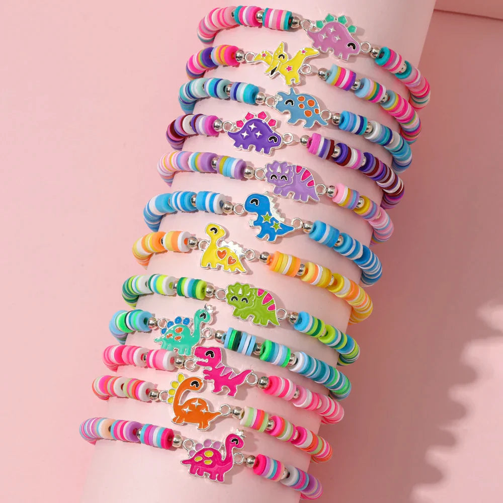 12-Piece Elastic Beaded Charm Bracelet Set – Assorted Cute Themes